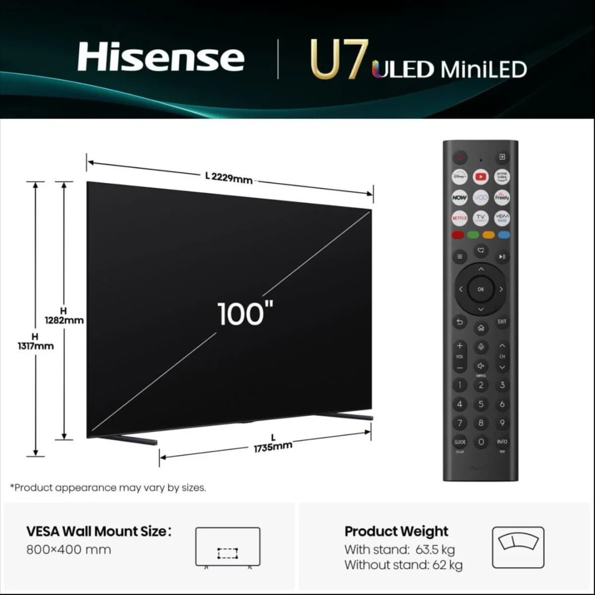 HISENSE 100U7QTUK 100" Mini LED 4K 165Hz Smart AI TV with Freely thumbnail