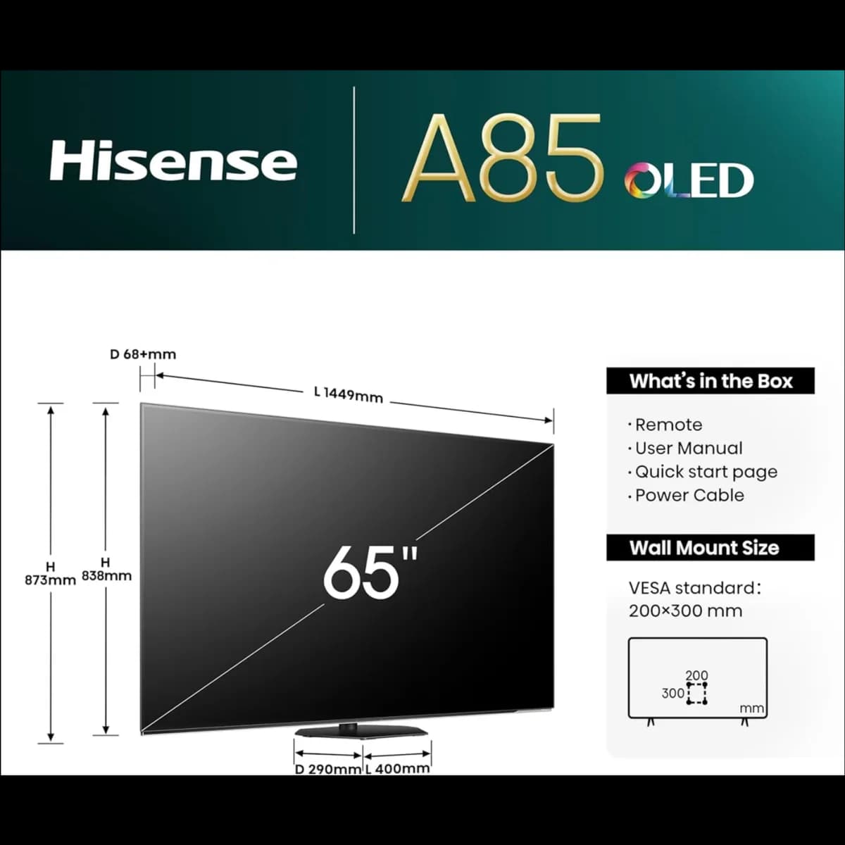 HISENSE 65A85NTUK 65" Smart 4K Ultra HD HDR OLED TV thumbnail