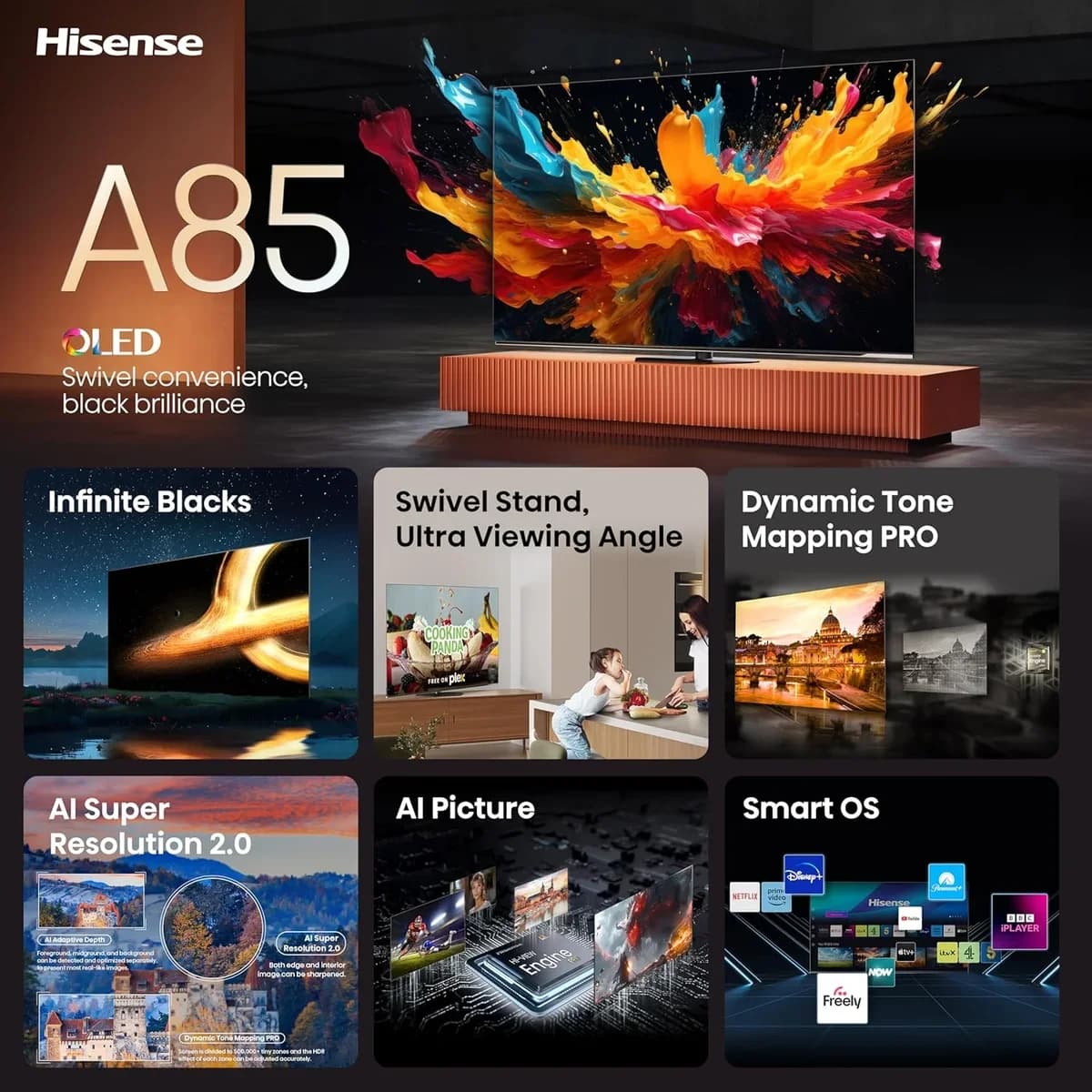 HISENSE 65A85NTUK 65" Smart 4K Ultra HD HDR OLED TV thumbnail