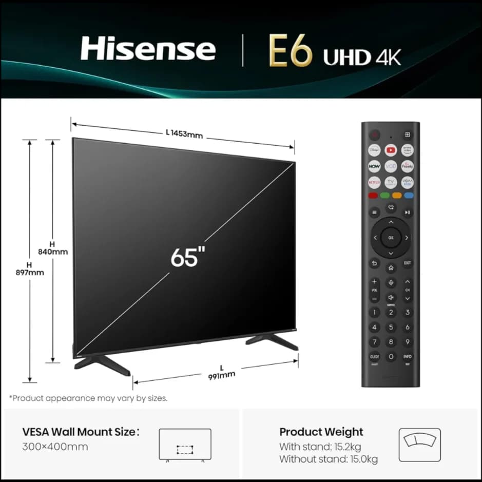 HISENSE 65E6QTUK 65" LED 4K HDR Smart TV with Freely thumbnail